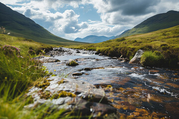 Photograph of a small stream amidst the mountains.