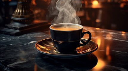 Fresh roasted coffee in a mug with steam