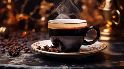 Fresh roasted coffee in a mug with steam