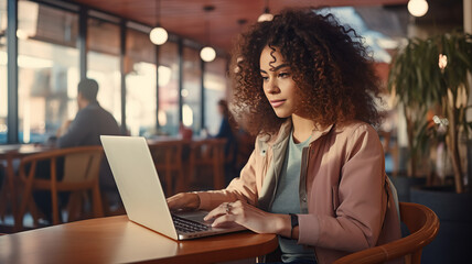 horizontal image of a young girl working on her laptop in a cosy cafe AI generated
