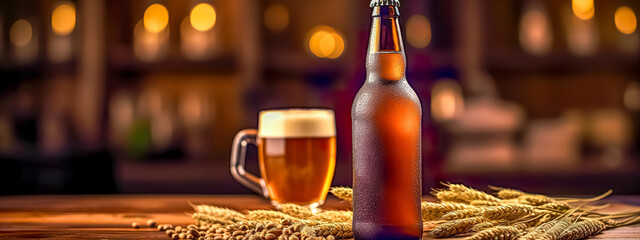 craft beer bottle next to a full mug atop a wooden surface, with wheat ears in the foreground and a softly focused bar background, high-resolution close-up of a condensation-kissed 