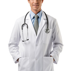 male doctor in a white coat on a light background. AI generated content