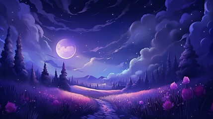 Fantasy lavender field under a dark sky with bright