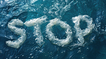 STOP text made of plastic trash on ocean water background. Creative concept of ocean pollution, rejection of plastic, protection of nature from pollution. - obrazy, fototapety, plakaty