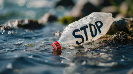 STOP text made of plastic trash on ocean water background. Creative concept of ocean pollution, rejection of plastic, eco protection of nature from pollution.