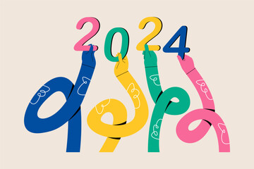 Hands holding numbers. 2024 concept. Colorful vector illustration
