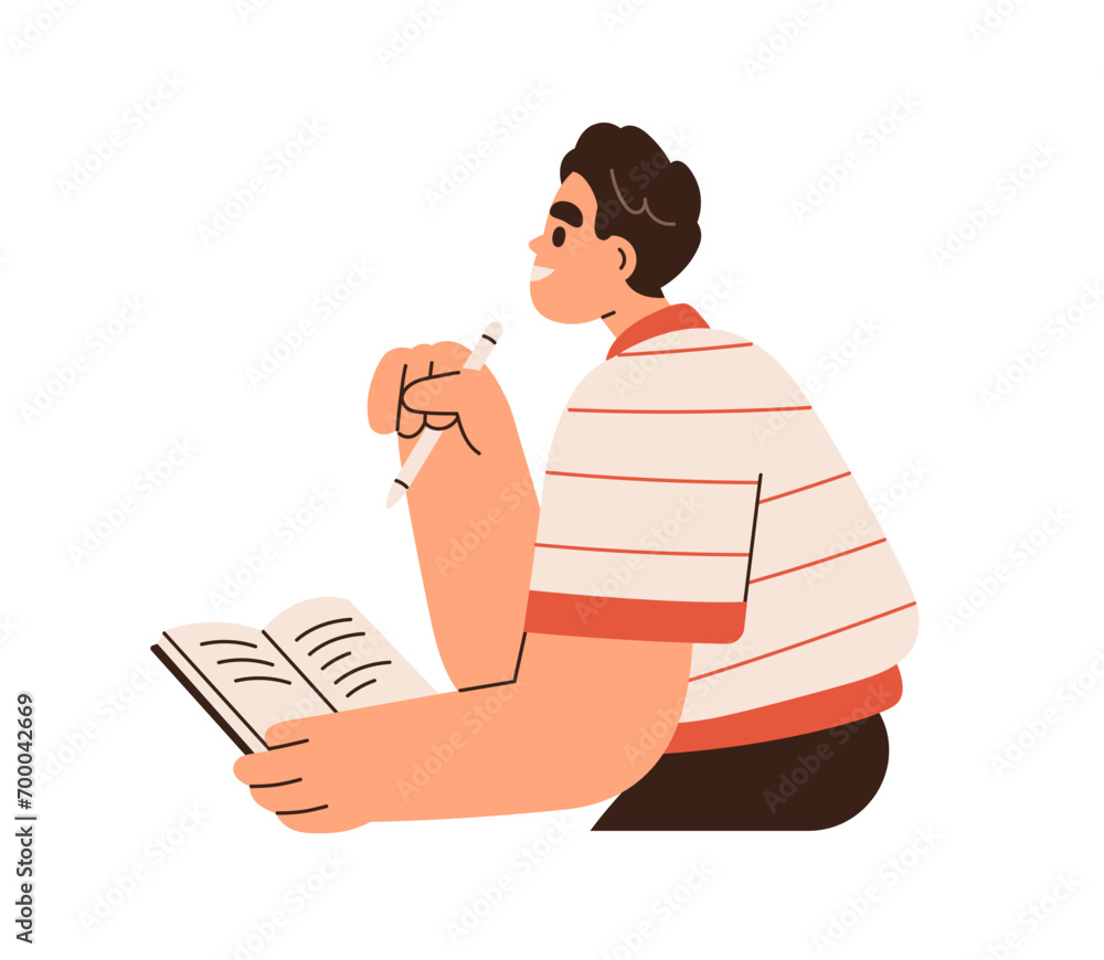 Poster Happy student taking notes, records in notebook. Person writing in paper notepad with pen. Character studying with note book, summary. Flat graphic vector illustration isolated on white background