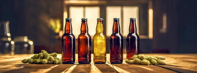 line of craft beer bottles on a rustic wooden surface, warmly lit by sunlight, with fresh hops in the foreground, suggesting a selection of fine ales ready for tasting - obrazy, fototapety, plakaty