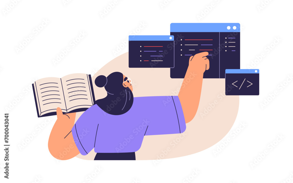 Aufkleber Student coding, programming. Studying software engineering, computer language, information technology. Programmers and coders education concept. Flat vector illustration isolated on white background