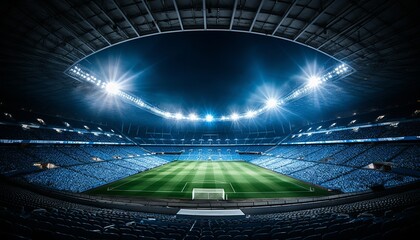 the serene nighttime ambience of an empty soccer stadium with illuminated professional field
