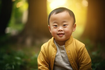 a child asian with down syndrome walks in the park and smiles at the camera