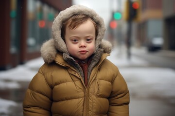 a child with Down syndrome walks through the streets of the city and smiles at the camera