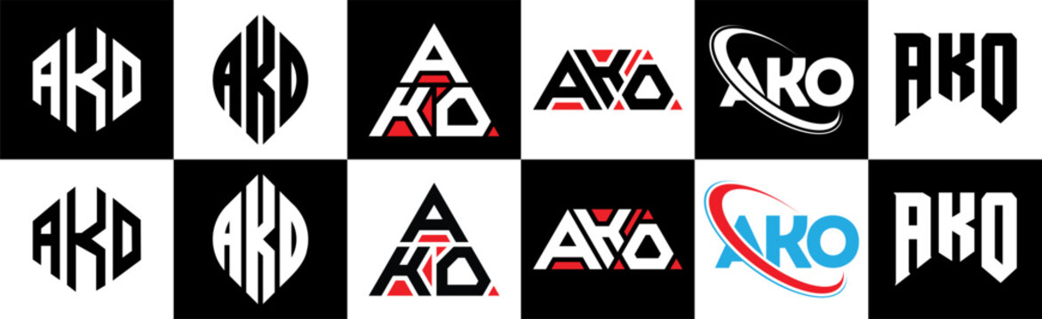 AKO letter logo design in six style. AKO polygon, circle, triangle, hexagon, flat and simple style with black and white color variation letter logo set in one artboard. AKO minimalist and classic logo