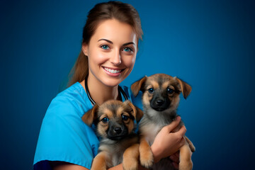 Doctor woman veterinarian in medical suit. holding two happy puppies in his arms