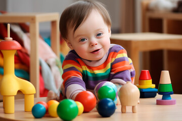 Fototapeta na wymiar child with down syndrome plays with educational toys and smiles