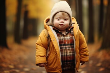 a child with down syndrome walks in the park and smiles at the camera