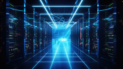 Fototapeta premium Glowing Pathway: Neon Tunnel with Line Marking Creating a Mesmerizing Scene