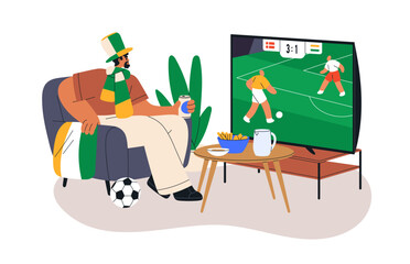 Football fan watching sport match, game on TV. Man supporting, cheering for soccer on television screen, sitting with snacks at home. Flat graphic vector illustrations isolated on white background