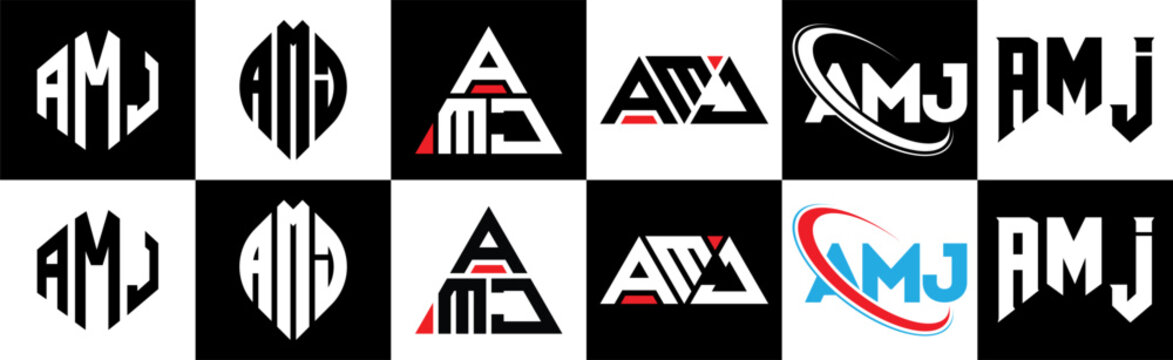 AMJ letter logo design in six style. AMJ polygon, circle, triangle, hexagon, flat and simple style with black and white color variation letter logo set in one artboard. AMJ minimalist and classic logo