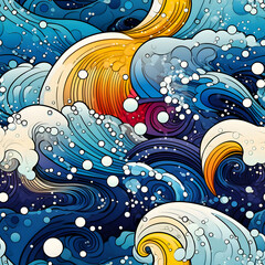 Graphic illustration waves and dots high detailed. Seamless flat bright colors pattern. High-resolution