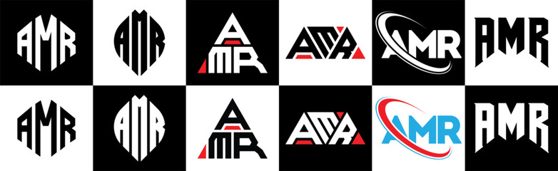 AMR letter logo design in six style. AMR polygon, circle, triangle, hexagon, flat and simple style with black and white color variation letter logo set in one artboard. AMR minimalist and classic logo