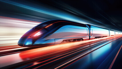 Fototapeta premium Techno-Transit: Advanced Train with Neon Accents Surrounded by Skyscrapers