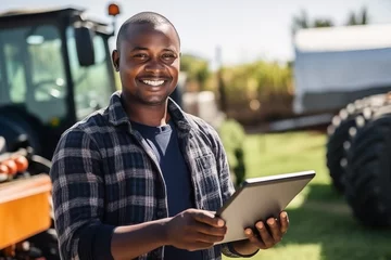 Poster Black farmer with a digital tablet on the background of an agricultural tractor  © scharfsinn86