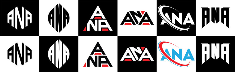 ANA letter logo design in six style. ANA polygon, circle, triangle, hexagon, flat and simple style with black and white color variation letter logo set in one artboard. ANA minimalist and classic logo