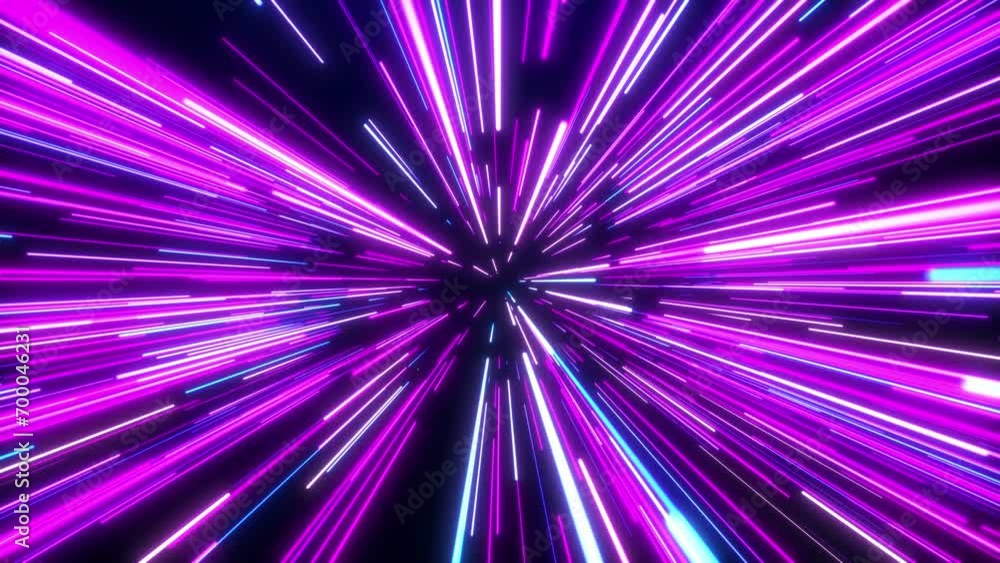 Poster hyperjump to another galaxy. the effect of jumping in space at the speed of light. neon glowing rays