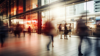 City Pulse: Blurred Image Reflecting a Rushing Crowd Against the Backdrop of Tall Buildings