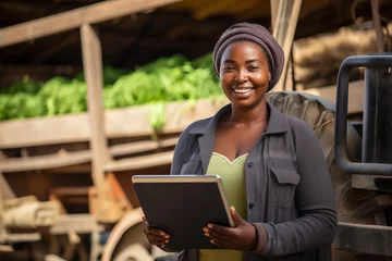 Poster Female farmer with a digital tablet next to agricultural tractor  © scharfsinn86