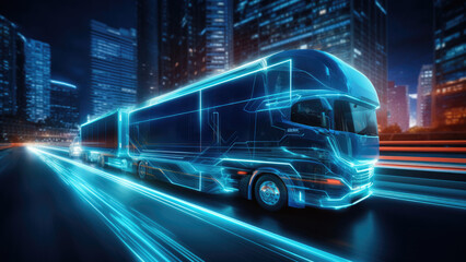 Fototapeta premium Fast Lane Logistics: Neon-Trimmed Truck against a Futuristic Skyline