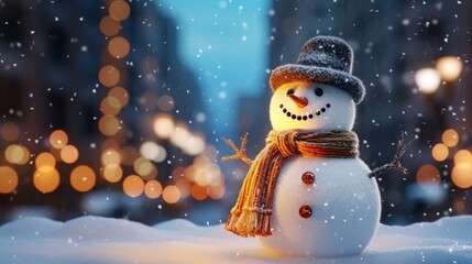 A snowman in the city with festive lights, winter holidays card background
