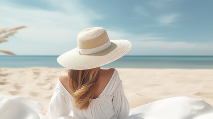 Fototapeta na wymiar Woman laying on the beach with white hat