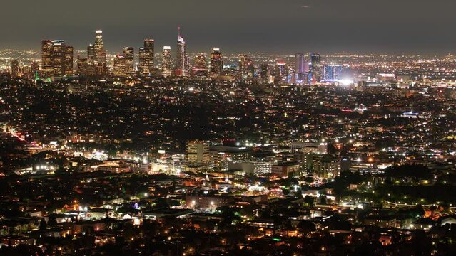 Los Angeles Downtown Night Time Lapse from Pan L Tilt Up California USA