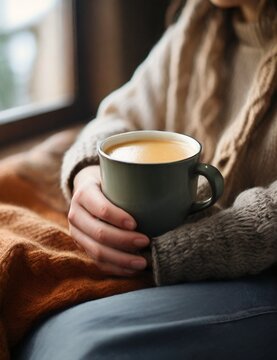 Embracing the warmth indoors, a woman's hands clad in a cozy sweater delicately hold a cup of hot coffee, creating a tranquil still life composition that speaks to the soothing rituals of enj.........