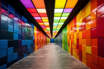 Underground tunnel lined with dark concrete blocks, each painted in lively colors, Generative AI