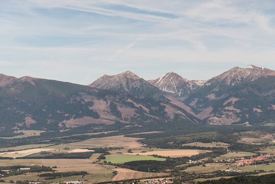 Jakubina, Hruby vrch, Klin and Bystra hills in Western Tatras mountains from hiking trail bellow Slema hill in Low Tatras mountains in Slovakia