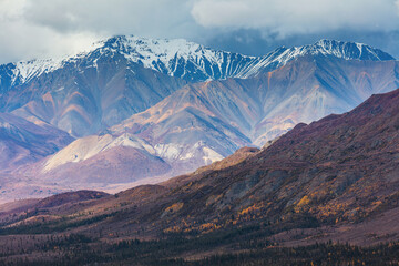 Desolate mountain landscape with barren slopes in Wrangell St Elias National Park, Alaska