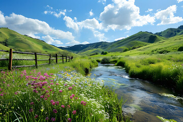 a picturesque meadow filled with wildflowers, lush green hills in the background, a clear blue sky with fluffy clouds, and natural elements like a winding stream and a wooden fence