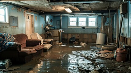 home's flooded basement with waterlogged possessions, to portray the emotional impact of property damage