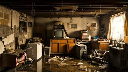 home's flooded basement with waterlogged possessions, to portray the emotional impact of property damage