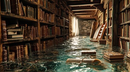 books floating and shelves underwater, to represent the loss of knowledge