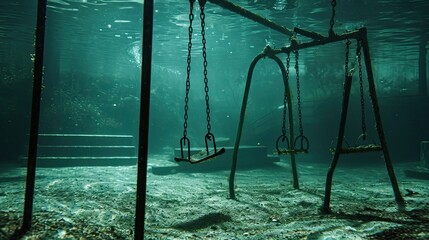 children's playground underwater, with swings and slides peeking through, symbolizing interrupted innocence - obrazy, fototapety, plakaty