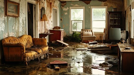 flooded living room, furniture floating and personal belongings scattered, showcasing the devastating personal impact of a flood