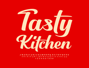 Vector beautiful logo Tasty Kitchen. Modern Calligraphic Font. Creative Alphabet Letters and Numbers set.
