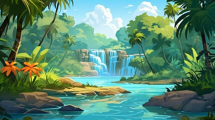 Horizontal AI illustration. River with waterfall
