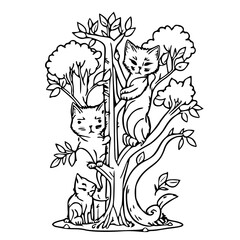 black and white, a cartoon cat climbing a toy tree with various levels and platforms, exploring and having fun, png Ganerative AI 21