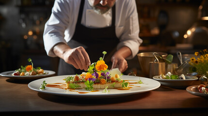 Gourmet Professional chef prepares a tasty and visually stunning dish on a plate showcasing the...