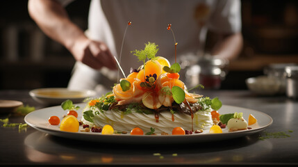 Obraz na płótnie Canvas Gourmet Professional chef prepares a tasty and visually stunning dish on a plate showcasing the artistry and skill of Michelin-starred restaurant cuisine Gourmet culinary concept for wedding dinner